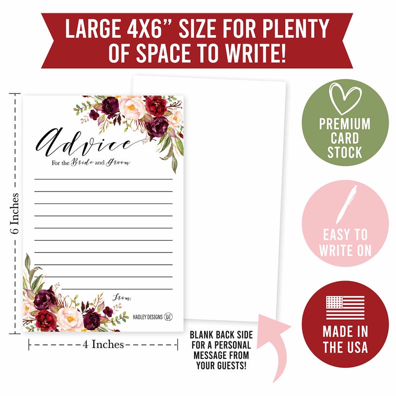 Hadley Designs 50 Floral Wedding Advice Cards For Bride and Groom, Guest Book Alternative, Advice and Wishes For The Mr. and Mrs., Bridal Shower Advice Cards, Wedding Card Boxes Reception - Image 2